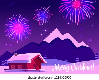 Flat vector illustration of fireworks over the mountain landscape with a one-story country house. Greeting card with the inscription merry christmas in purple-pink colors. Holiday at the ski resort.