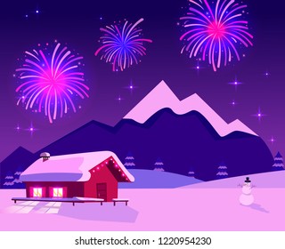 Flat vector illustration of fireworks over mountain landscape with one-story country house with lighting windows. Purple-pink colors of night. Holiday at ski resort. Cozy place with space and snowman