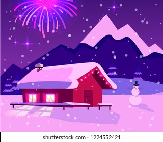 Flat vector illustration of fireworks over mountain landscape with one-story country house with lighting windows. Purple-pink colors of night. Holiday at ski resort with snowman and snowfall.