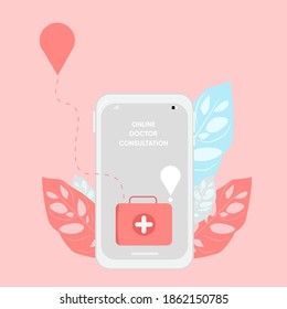 Ilustración vectorial plana de un kit de primeros auxilios en el teléfono. Concepto de consulta médica en línea. Fondo rosa, icono de entrega, hojas tropicales rojas y azules con inscripción Consulta al médico en línea
