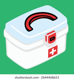Flat Vector Illustration of a First Aid Medicine Box with Red Handle and White Cross