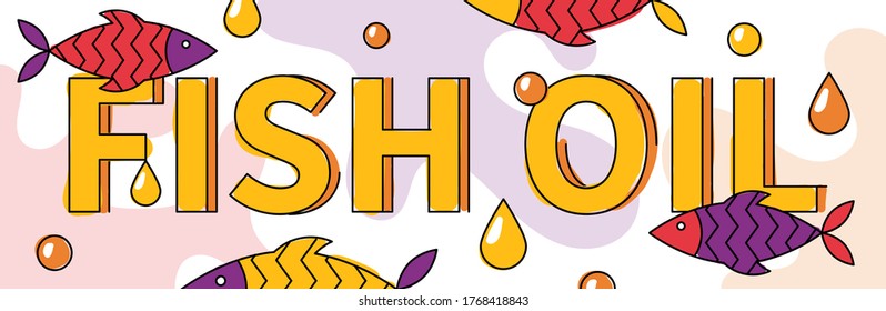 Flat vector illustration of fish oil. Omega 3 source banner concept. Capsule and drops of fat are around.