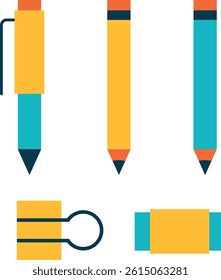 A flat vector illustration of five common stationery items: a pen, two pencils with erasers, a binder clip, and an eraser. Designed with a modern color palette of yellow, teal, and orange, perfect for