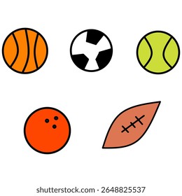 A flat vector illustration of five different sports balls including basketball, soccer ball, tennis ball, bowling ball, and American football.