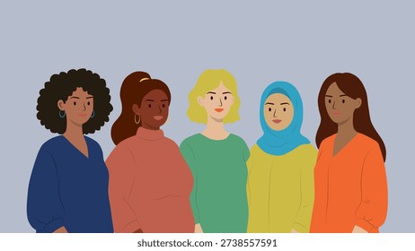 Flat vector illustration of five diverse adult women standing side by side facing forward. Multicultural female characters including afro hairstyle, hijab, blonde hair, and different skin tones. Concept of women empowerment, diversity, inclusion, equality, sisterhood, and international women's day. Minimal modern design with neutral background.