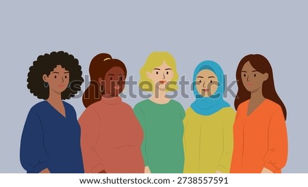 Flat vector illustration of five diverse adult women standing side by side facing forward. Multicultural female characters including afro hairstyle, hijab, blonde hair, and different skin tones. Concept of women empowerment, diversity, inclusion, equality, sisterhood, and international women's day. Minimal modern design with neutral background.