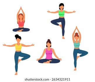 Flat vector illustration of five women doing yoga in various poses. Healthy lifestyle, meditation, balance, and wellness concept in minimalist style