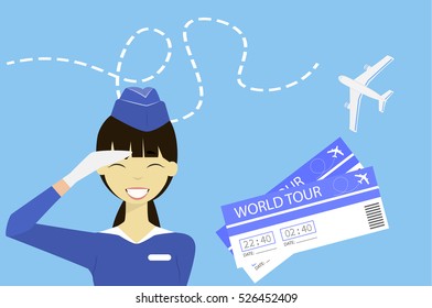 Flat vector illustration the flight attendant smiles and wished a successful way. Advertisement airlines. Traveling by plane.