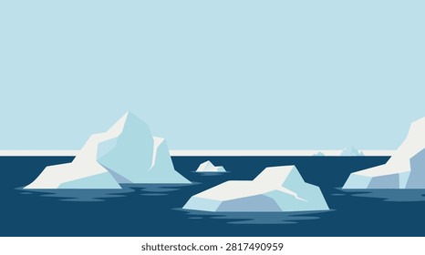 Flat vector illustration of floating icebergs in a cold polar ocean under a clear sky, showcasing a simple graphic design style landscape.