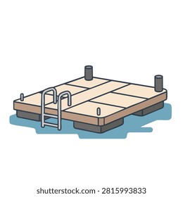 A flat vector illustration of a floating wooden swim platform with a metal ladder and mooring posts on water
