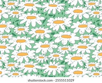 Flat vector illustration of a floral pattern with daisies and green leaves, featuring botanical shapes and nature-inspired design. Ideal for textiles, wallpapers, and nature-themed decor