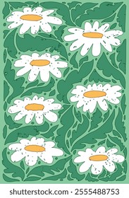 Flat vector illustration of a floral print with daisies and green leaves, featuring a botanical pattern and plant ornament. Ideal for textiles, posters, home decor, and botanical-themed designs.