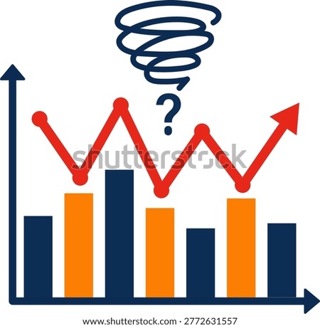 Flat vector illustration of fluctuating chart with question mark and swirl icon, representing market volatility, uncertainty, and financial instability. Ideal for business, finance, and analytics concepts.