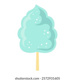 flat vector illustration of fluffy cotton candy, delicious green sugar cloud on stick, traditional food on street fair, circus or carnival, sweet snack isolated on white background