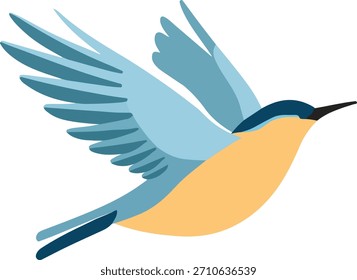 Flache Vektorgrafik eines fliegenden Vogels mit breiten offenen Flügeln, die minimale Merkmale und einfarbige Formen zeigt, auf sauberem, weißem Hintergrund ohne Farbverläufe oder Schatten.