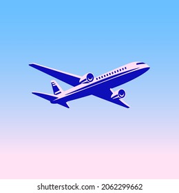 Flat vector illustration of flying plane in the pink-blue sky. Colored background. Idea for a poster, sticker, book, web design and so on.