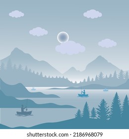 Flat vector illustration of a foggy forest landscape. Natural landscape with fir trees and hilltop silhouette on horizon. in the moonlight Mountain valleys and rivers in the morning scene cartoon back