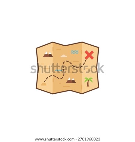 Flat vector illustration of a folded treasure map with a dashed route leading to a red 'X', symbolizing discovery, adventure, and wealth.