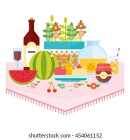 Flat vector illustration Food. Barbecue items.  summer picnic web design, icons and infographics elements. romantic dinner, fruit, wine, dessert. healthy food