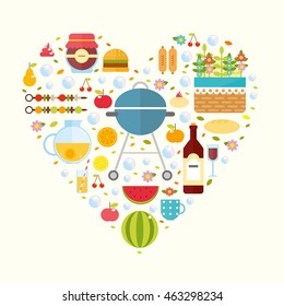 Flat vector illustration Food. Barbecue items.  summer picnic web design, icons and infographics elements. romantic dinner, fruit, wine, dessert. healthy food