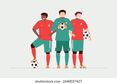 Flat vector illustration of a football team lineup with players posing before the match