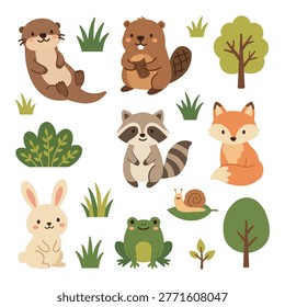 Flat vector illustration of forest animals featuring otter, beaver, rabbit, frog and snail for children.