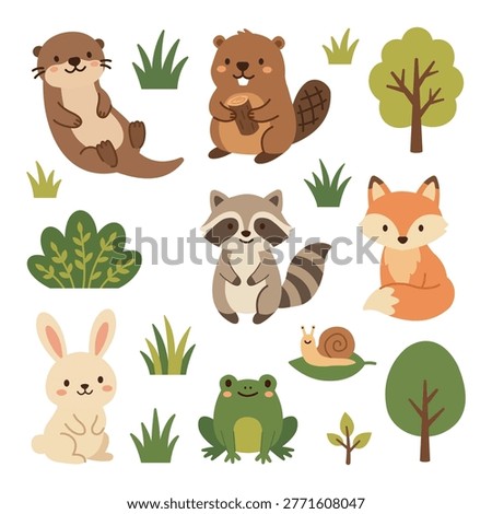 Flat vector illustration of forest animals featuring otter, beaver, rabbit, frog and snail for children.