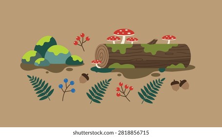 Flat vector illustration of forest floor elements including a mossy tree trunk, red mushrooms, ferns, and berries.