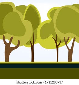 Flache Vektorillustration eines Waldes auf einem Hintergrund von blendendem Sonnenlicht. Das helle Himmelslicht bricht durch die Bäume. Sonnentag Naturcharakter.