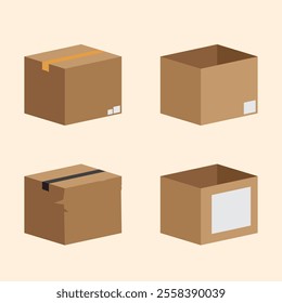 Flat vector illustration of four cardboard boxes in different conditions: closed, open, and with packaging tape. Suitable for delivery, shipping, logistics, or e-commerce themes.