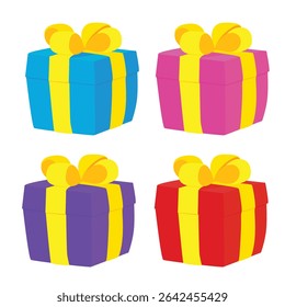 Flat vector illustration of four colorful gift boxes in vibrant hues with yellow bows. Ideal for use in holiday, birthday, or festive celebration designs, icons, and print materials.