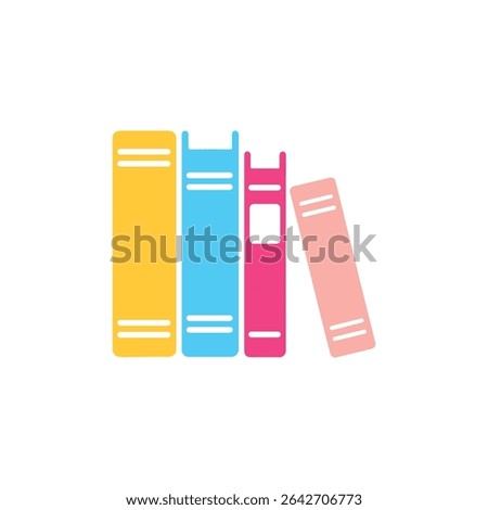 Flat vector illustration of four colorful stylized books, standing side-by-side on a white background. The books are yellow, blue, pink, and peach.