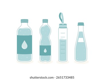 Flat vector illustration of four different water bottles. Minimal and clean design. Great for themes of hydration, eco lifestyle, health, and reusable containers.