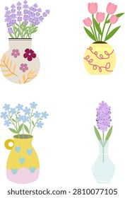 Flat vector illustration of four different spring flower vases, including lavender, pink tulips, blue forget-me-nots, and purple hyacinth isolated on a white background