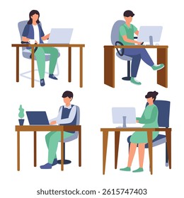 Flat vector illustration of four diverse people working on their laptops and computers at their desks. Modern workplace concept.