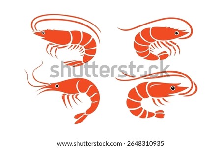 Flat Vector Illustration of Four Stylized Red Shrimp Icons in Simple Graphic Design for Seafood Logo