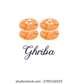 Flat vector illustration of four traditional Moroccan Ghriba cookies topped with cashews, and the word Ghriba in elegant script.