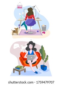 flat vector illustration freelancer, freelance woman, designers, work at home, work at quarantine, home office, freelancers with pets, online learning