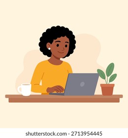 Flat vector illustration of a freelancer woman working on a laptop at a desk. Modern remote work concept suitable for website, landing page, social media, business presentation, and online service des