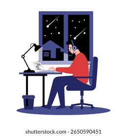 Flat vector illustration of a freelancer working late at night under a desk lamp with a dark starry window. Bold colors, clean HD lines, white background. Reflects flexible hours and solo work life.