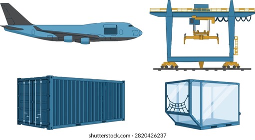 Flat vector illustration of freight transportation elements including a cargo plane, blue shipping container, and seaport lifting crane.