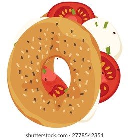 Flat vector illustration of a fresh bagel sandwich filled with cream cheese, tomatoes and green onion. Delicious breakfast or brunch food isolated on a light background. Perfect for cafe menus, food blogs, restaurant branding, packaging and culinary design projects