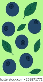 Flat vector illustration of fresh blueberries with green leaves on a light green background – minimal and cute cartoon fruit design