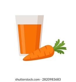 Flat Vector Illustration of Fresh Carrot Juice Glass and Whole Carrot. Simple and minimalist design, juice beside the fruit
