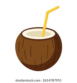 Flat vector illustration of a fresh coconut drink with straw, isolated on white background