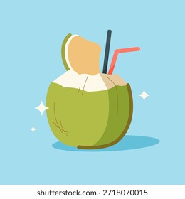 Ilustración vectorial plana de una bebida fresca de coco servida en una cáscara de coco verde con carne de coco en la parte superior y dos pajitas para beber. Diseño minimalista con suaves colores pastel y concepto de verano tropical.