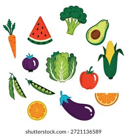 Flat Vector Illustration of Fresh Fruits and Vegetables Set