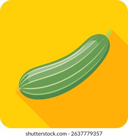 Flat vector illustration of a fresh green cucumber with striped skin on a yellow background. Ideal for food, health, nutrition, garden, and kitchen themes.