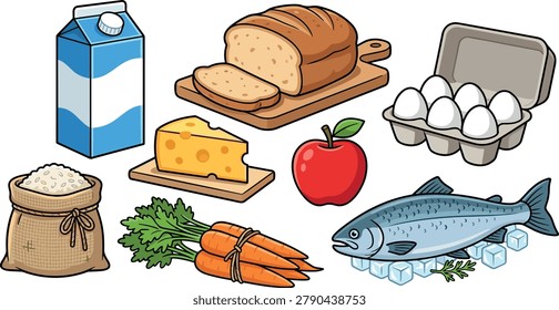 Flat vector illustration of fresh grocery ingredients including milk, bread, eggs, cheese, apple, carrots, rice, and fish for healthy cooking