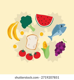 Ilustración vectorial plana de alimentos orgánicos frescos, incluyendo pescado, frutas y verduras para un estilo de vida saludable